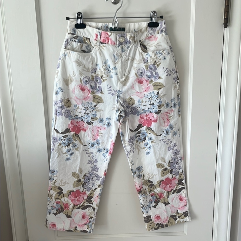 RALPH LAUREN cotton Floral Print cropped capri Pants 4 COQUETTE petal pink prep - Picture 9 of 10